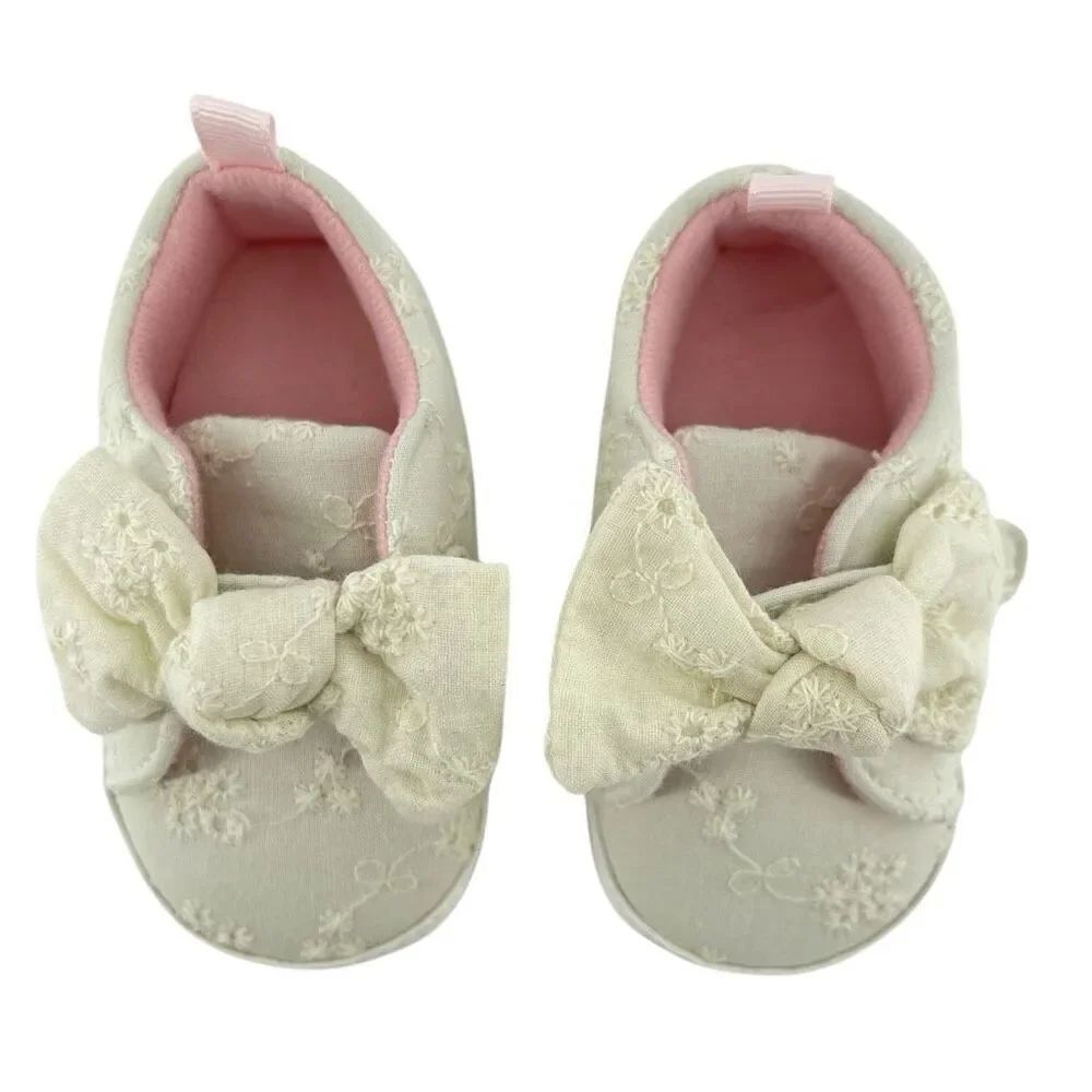 First Steps Baby Girl Floral Bow Soft Sole Shoes 6-9M Cream Embroidered - Picture 9 of 13